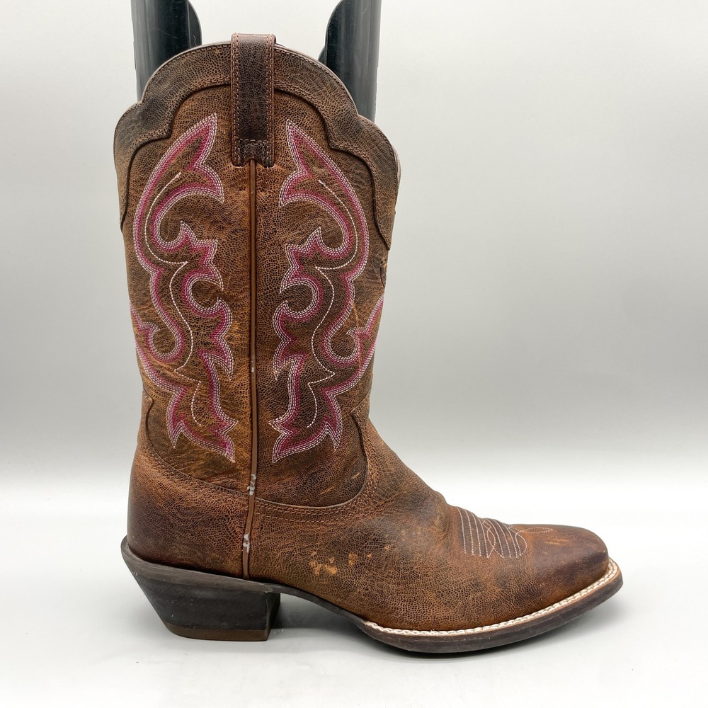 Ariat Womens 9.5 B Round Up Western Cowgirl Boots Brown Pink Leather Square Toe